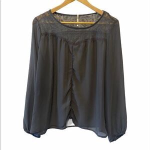Sheer Lace Trim Top Ruched Middle Loose Fit Chiffon Blouse Long Sleeve Top M